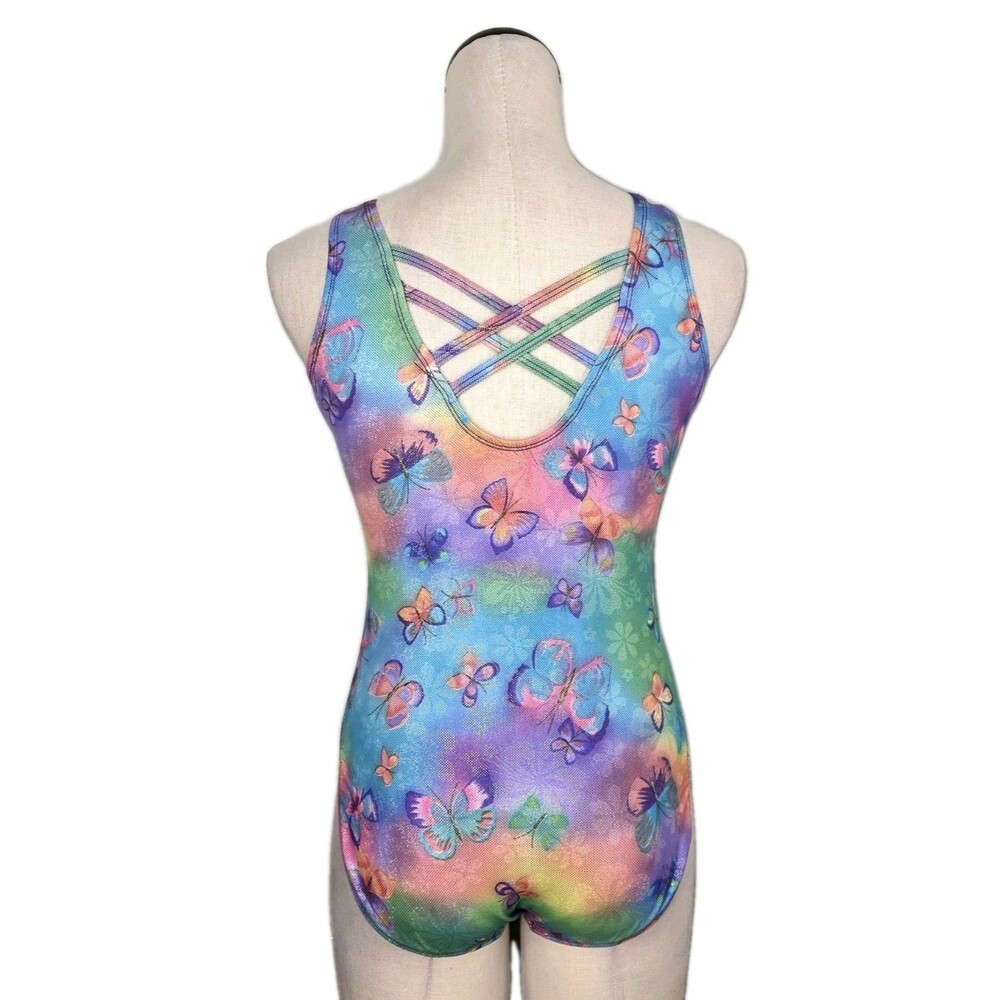 Satara VTG Neon Tie Dye Butterfly Sparkle Accent Tank Crossback Leotard Size AL - Picture 6 of 16